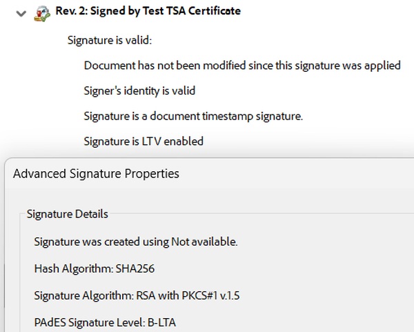 Adobe Acrobat validating a document timestamp signature issued by a TSA: signature valid, document unmodified, LTV enabled, PAdES B-LTA level